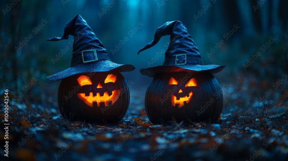 Naklejka premium Glowing Jack-o'-Lanterns with Witch Hats in a Spooky Halloween Forest