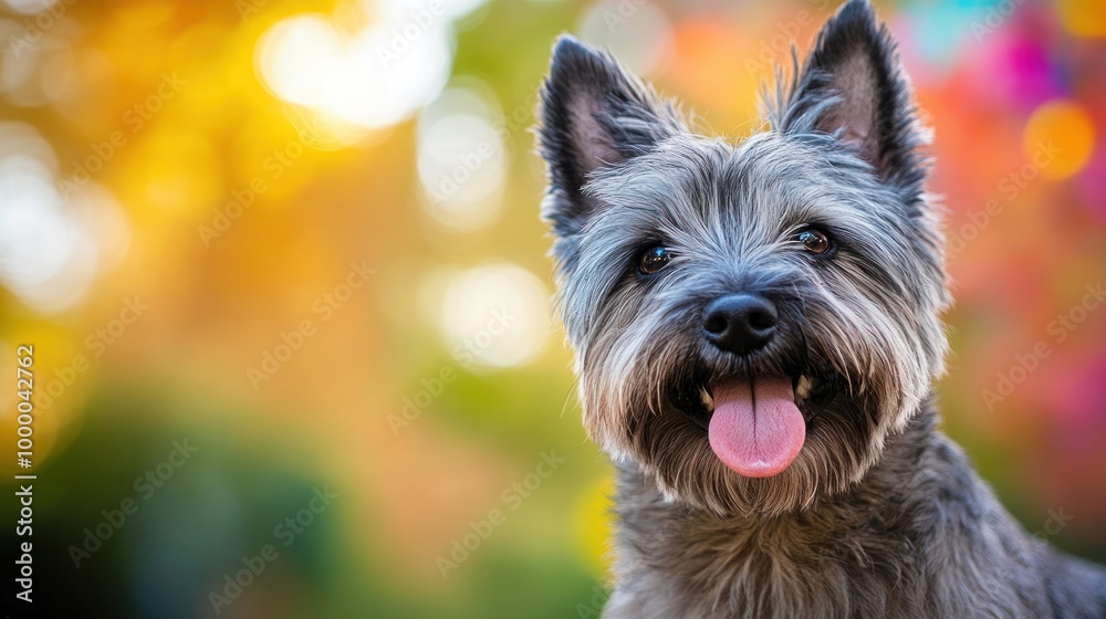 A cheerful dog with a playful expression against a vibrant, blurred background. A cheerful dog with a playful expression against a vibrant, blurred background.