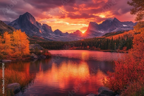 A vibrant sunset over a serene lake, surrounded by mountains and autumn foliage.