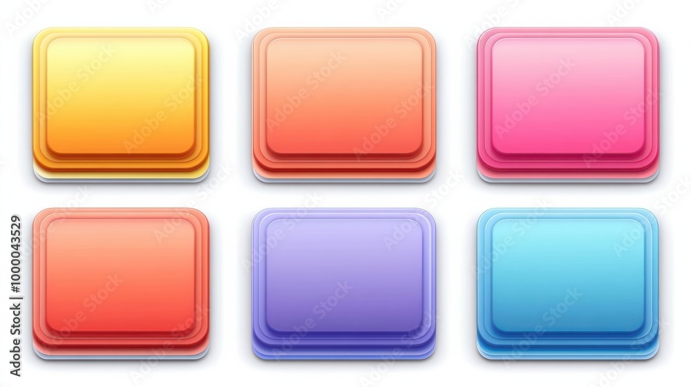 A set of six brightly colored, square buttons with a 3D effect and gradient fill. A set of six brightly colored, square buttons with a 3D effect and gradient fill.