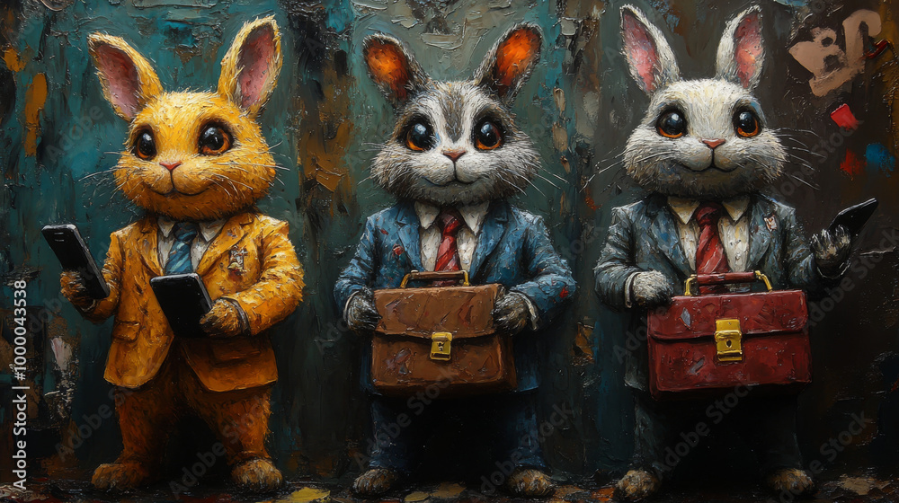 Fototapeta premium Three bunnies in suits and ties, holding briefcases and phones.
