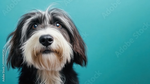A close-up portrait of a black and white dog against a teal background.