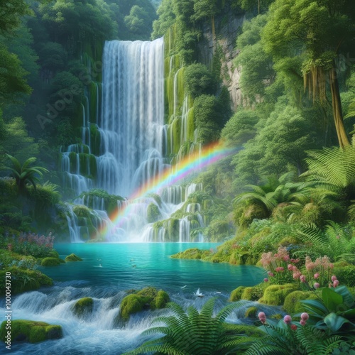 A majestic waterfall cascades into a clear turquoise pool, surrounded by dense tropical vegetation. A vibrant rainbow arches across the mist, creating a picturesque natural scene perfect for themes of