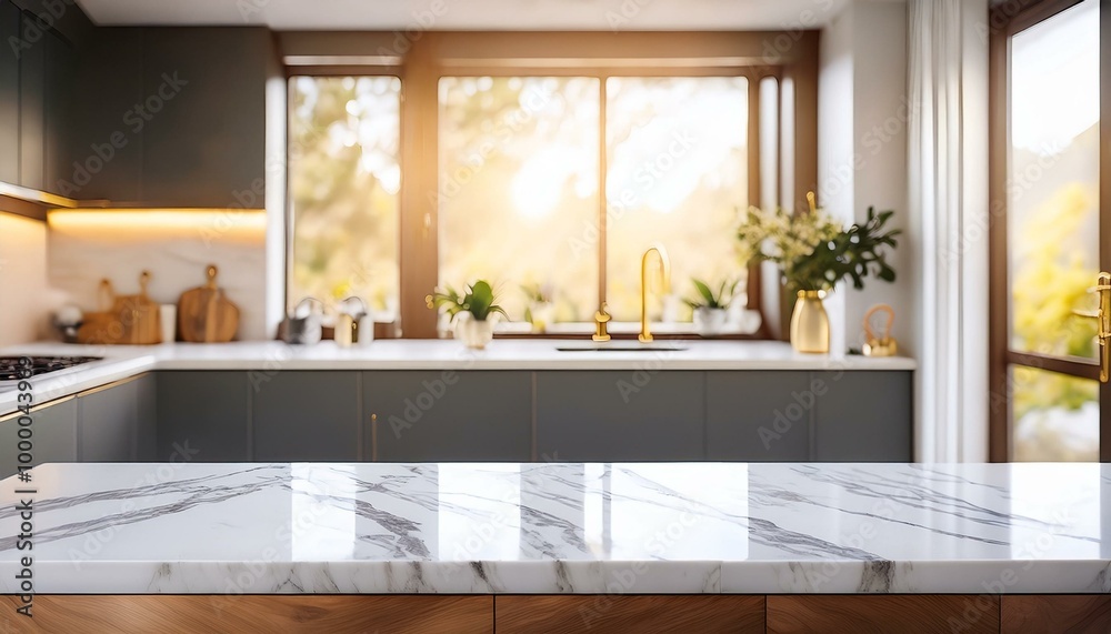 Fototapeta premium Kitchen with white marble countertop. Modern interior with empty tabletop with blur background. Luxury mockup with golden elements for product presentation. Stand with sunlight