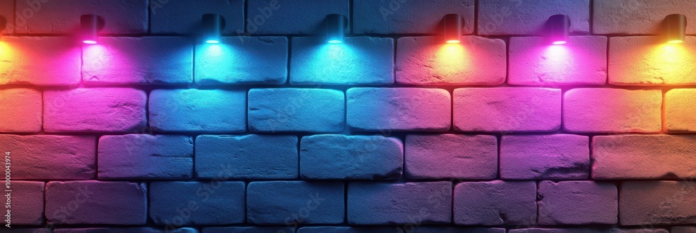 A brick wall illuminated by colorful spotlights casting a vibrant glow on the rough texture of the surface.