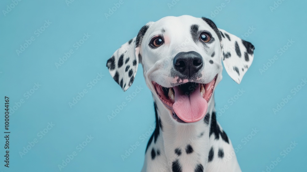 A cheerful Dalmatian dog with a blue background, showcasing its playful personality. A cheerful Dalmatian dog with a blue background, showcasing its playful personality.