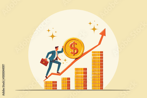 a businessman pushes a big coin on a rising chart