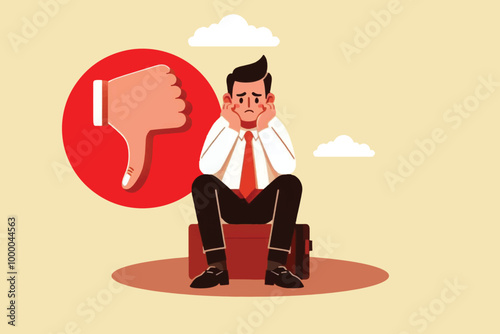 daydreaming and sad businessman assessing unfavorable assessment with a sign of dislike