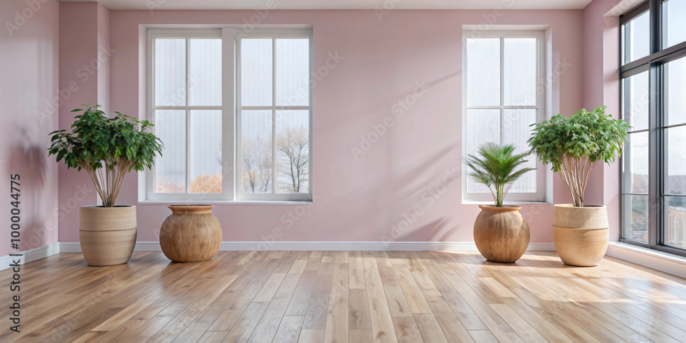 3D render of an empty room featuring a beige wall, wooden flooring, and a single potted plant, capturing a calm and inviting interior space Pink background and nature