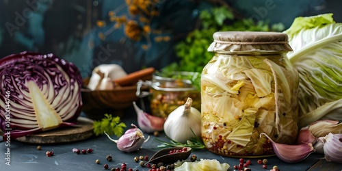 Sauerkraut with carrots and spices in a glass jar on a wooden table 