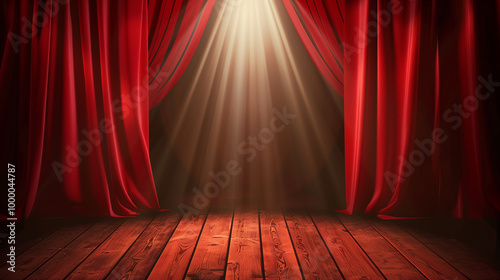 A red curtain with a spotlight shining on it. The curtain is open to reveal a stage. Scene is dramatic and theatrical