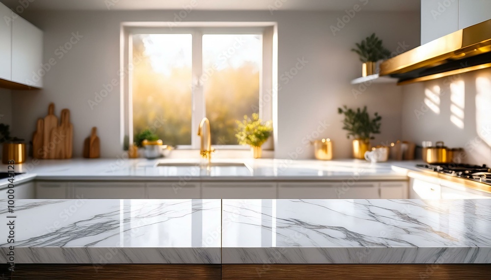 Kitchen with white marble countertop. Modern interior with empty tabletop with blur background. Luxury mockup with golden elements for product presentation. Stand with sunlight

