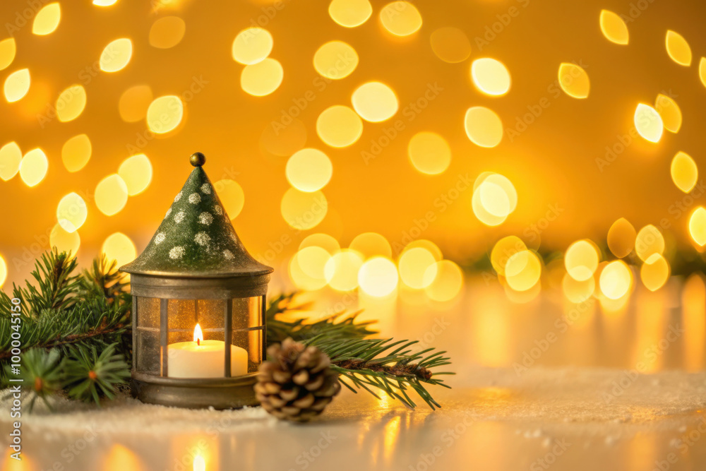 A cozy lantern glows softly amidst festive greenery and twinkling lights, creating a warm atmosphere for winter celebrations. Generative AI A cozy lantern glows softly amidst festive greenery and twinkling lights, creating a warm atmosphere for winter celebrations. Generative AI
