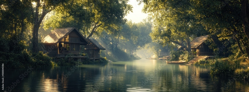 Serene riverside scene with rustic houses and lush greenery reflecting in calm water. Serene riverside scene with rustic houses and lush greenery reflecting in calm water.