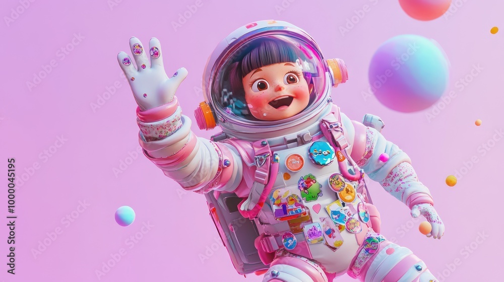 A cheerful child in a colorful astronaut suit, floating among pastel spheres.