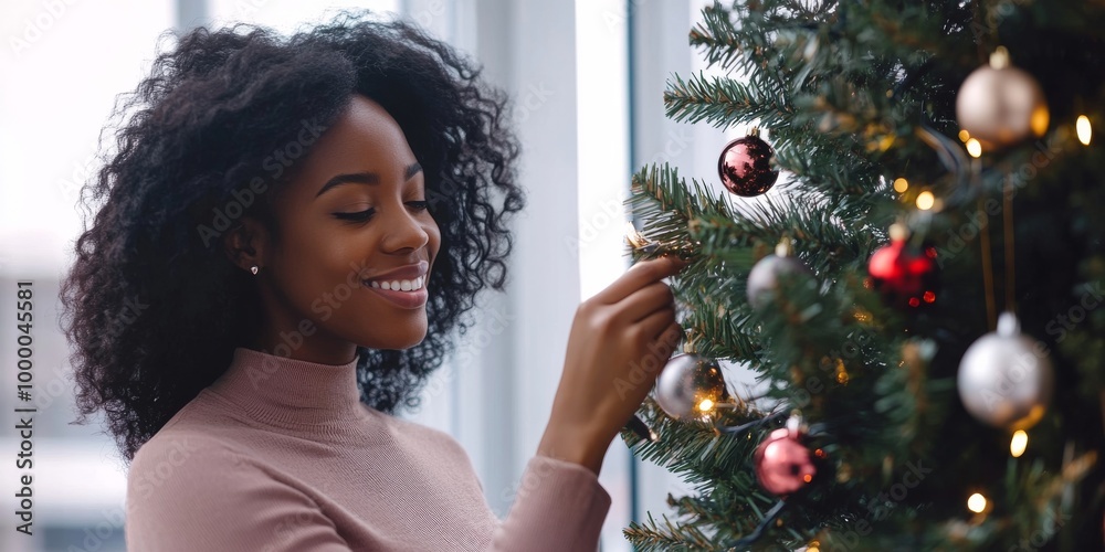 Close up of smiling young black woman decorating Christmas tree with ornaments in office, copy space concept Close up of smiling young black woman decorating Christmas tree with ornaments in office, copy space concept