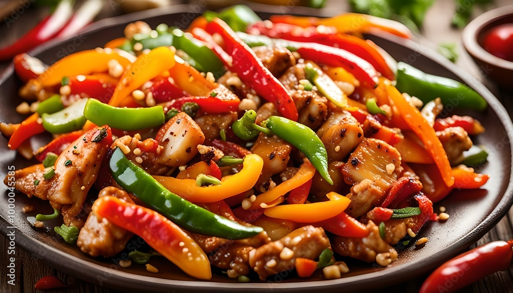 Stir fry pepper chicken with sweet peppers, onion, garlic and ginger
Stir fry pepper chicken with sweet peppers, onion, garlic and ginger