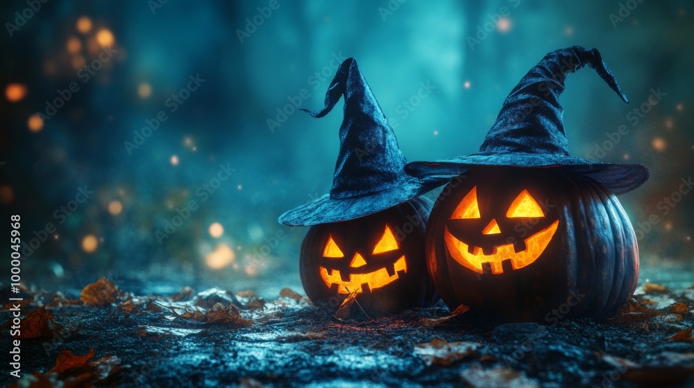 Fototapeta premium Glowing Jack-o'-Lanterns with Witch Hats in a Spooky Halloween Forest