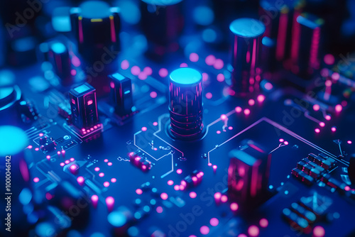 Close up of vibrant circuit board with glowing components and intricate details