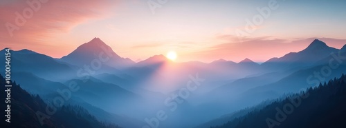 A serene sunrise over misty mountains, showcasing natural beauty and tranquility.