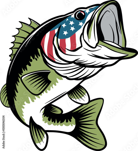 Big bass fish with USA flag vector for t-shirt Big bass fish vector design set illustration A big fish silhouette vector.