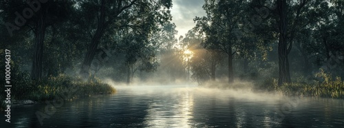 Serene river landscape at dawn, shrouded in mist with sunlight filtering through trees.