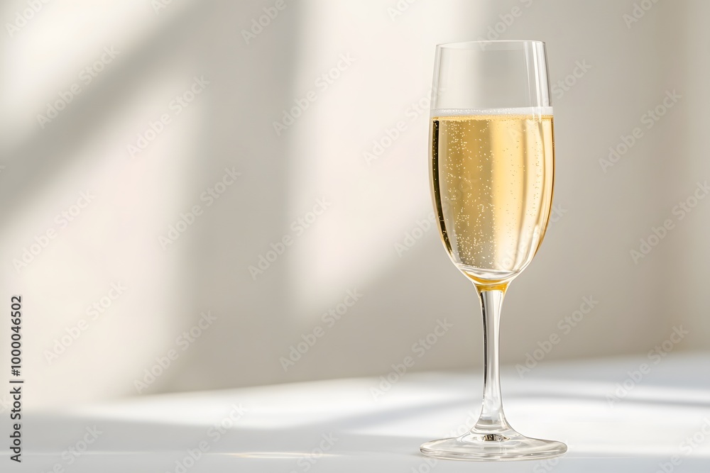 A glass of champagne, against a white background A glass of champagne, against a white background