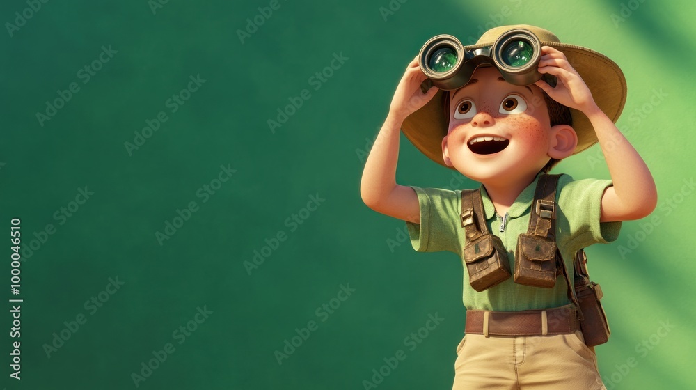 A cheerful young boy with binoculars, exploring his surroundings with excitement. A cheerful young boy with binoculars, exploring his surroundings with excitement.