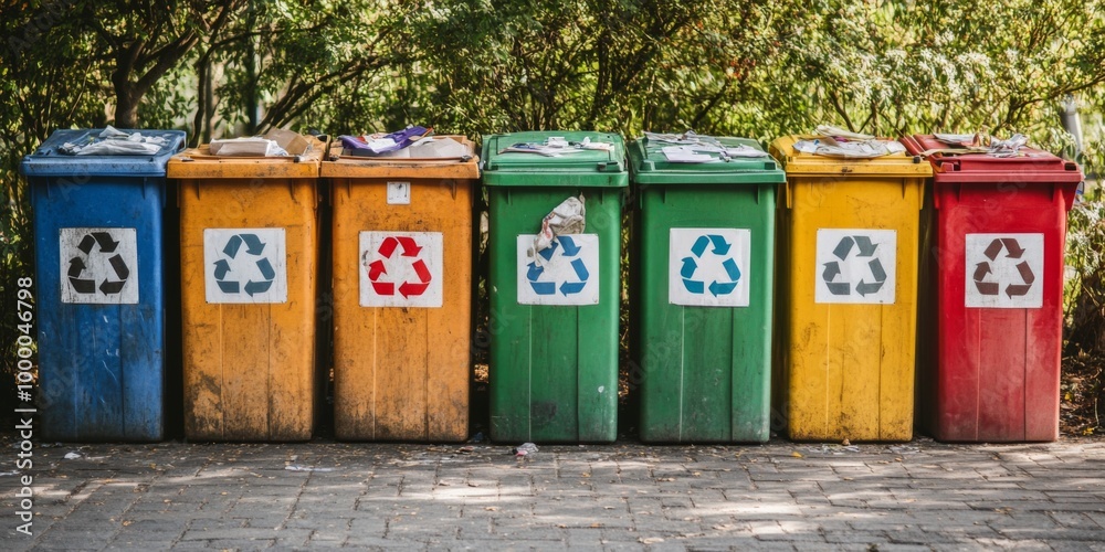 Four colorful recycle bins with recycle waste symbol. Outdoor garbage containers for plastic, paper, glass. metal Four colorful recycle bins with recycle waste symbol. Outdoor garbage containers for plastic, paper, glass. metal