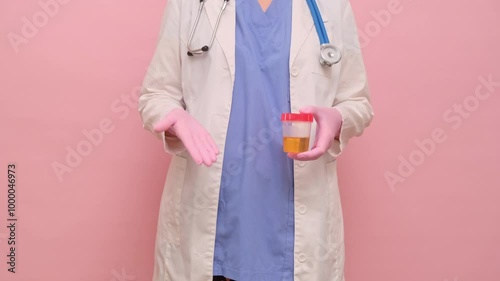 Doctor hand holds a container for taking a urine test for virus, studio pink background. Hand in a medical glove with a jar for testing for the flu virus.