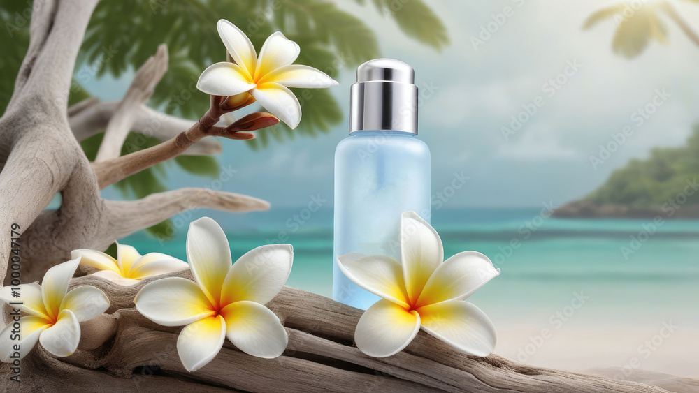 Mock up the collagen hydrating serum or any beauty product  in glass bottle from natural ingredients standing on driftwood surrounded frangipani flowers.