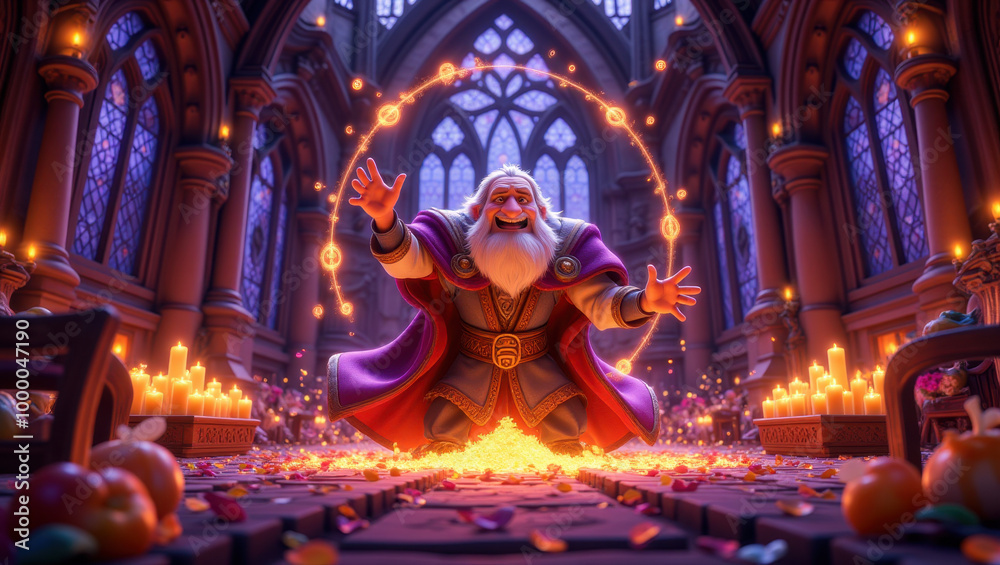 Joyful Wizard Performing Magic in a Grand Hall Joyful Wizard Performing Magic in a Grand Hall