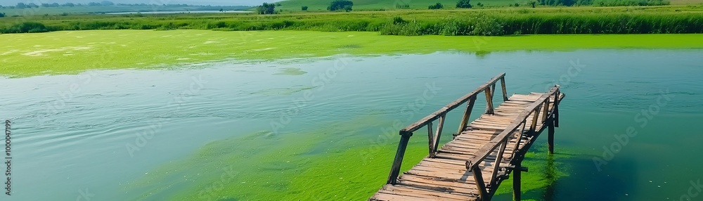 Naklejka premium Devastation of Nature Algae Bloom and Dead Fish in Polluted River - A Stark Reminder of Agricultural Runoff and Ecosystem Imbalance