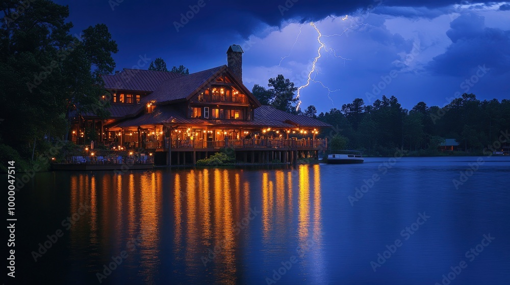 Obraz premium A lightning storm over a picturesque lake house, with bolts of lightning striking the charming building and creating dramatic reflections in the water. The dark storm clouds and bright flashes of