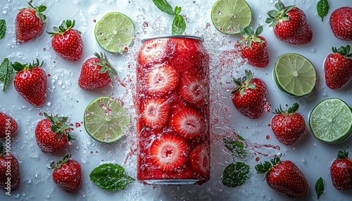 White soda can with lemon and strawberry liquid splash mockup 3d render, A sleek white aluminum can at the center,