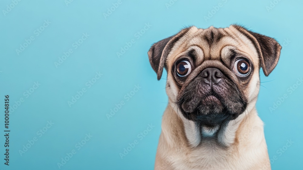 A close-up of a pug dog with a curious expression against a blue background. A close-up of a pug dog with a curious expression against a blue background.