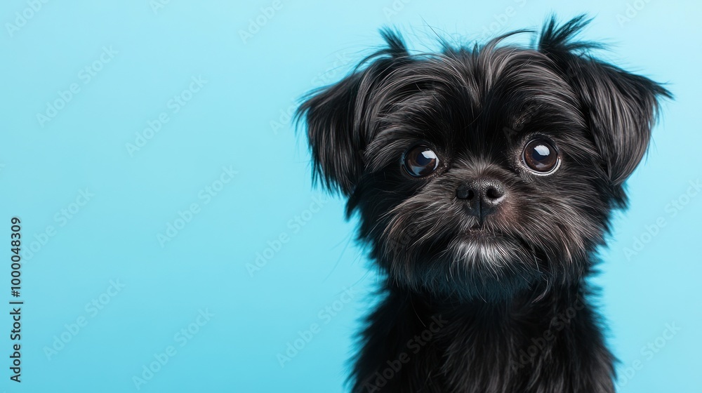 A close-up of a small black dog with large eyes against a blue background. A close-up of a small black dog with large eyes against a blue background.