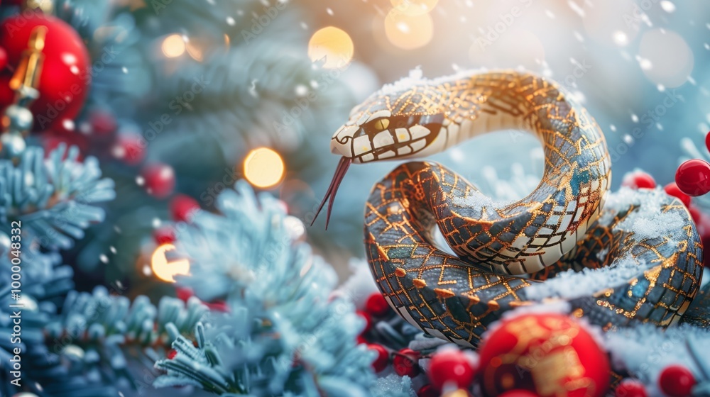 A red snake crawls through the snow towards New Year's gifts. It is a symbol of the new year 2025 A red snake crawls through the snow towards New Year's gifts. It is a symbol of the new year 2025