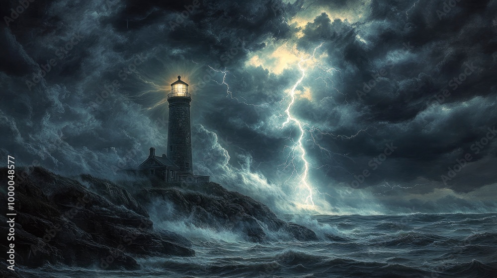A lightning storm over a historic lighthouse, with bolts of lightning striking the structure and illuminating the rocky coastline. The dark storm clouds and bright flashes of light create a dramatic A lightning storm over a historic lighthouse, with bolts of lightning striking the structure and illuminating the rocky coastline. The dark storm clouds and bright flashes of light create a dramatic