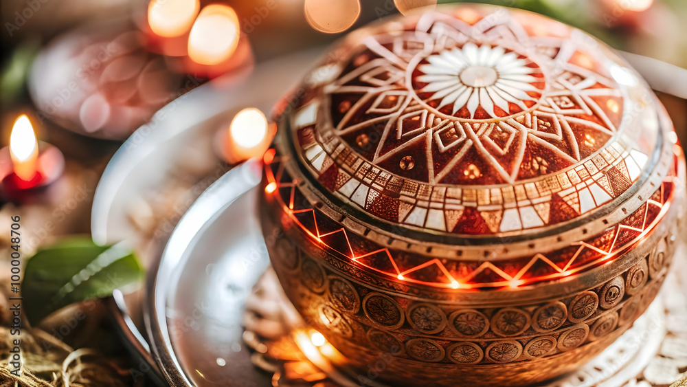 Obraz premium Macro Shot of Bhai Dooj Coconut Offering: Intricate Textures & Futuristic Patterns Blending Tradition and Technology in Close-Up Photography