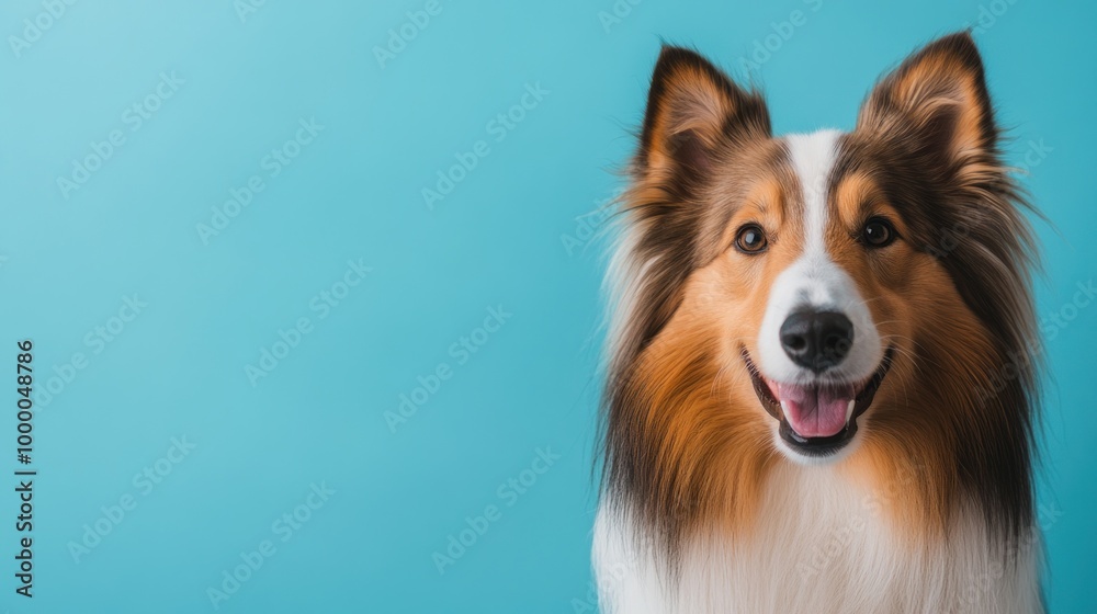 A happy collie dog with a bright blue background, showcasing its friendly expression. A happy collie dog with a bright blue background, showcasing its friendly expression.