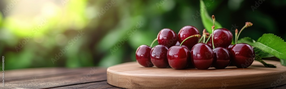 Fresh cherries arranged on a wooden board, surrounded by green foliage. Fresh cherries arranged on a wooden board, surrounded by green foliage.