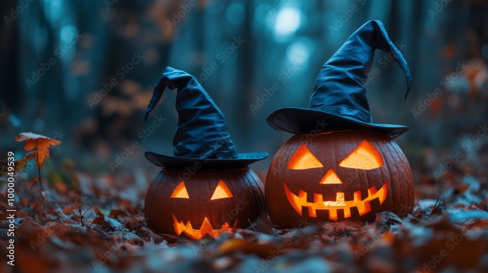 Naklejka premium Glowing Jack-o'-Lanterns with Witch Hats in a Spooky Halloween Forest
