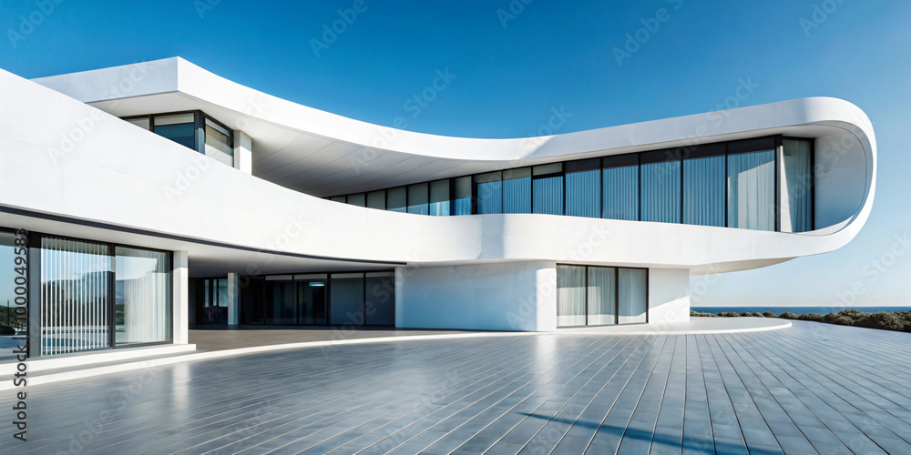 Obraz premium 04. Modern white house with curved structure and large swimming pool in front, modern, house, curved, white, structure