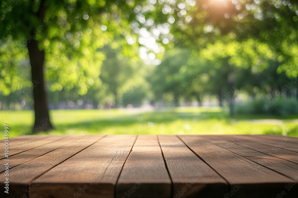 Empty wooden table top with a blurred green park background for product display montage, a summer concept. Empty wooden table top with a blurred green park background for product display montage, a summer concept.