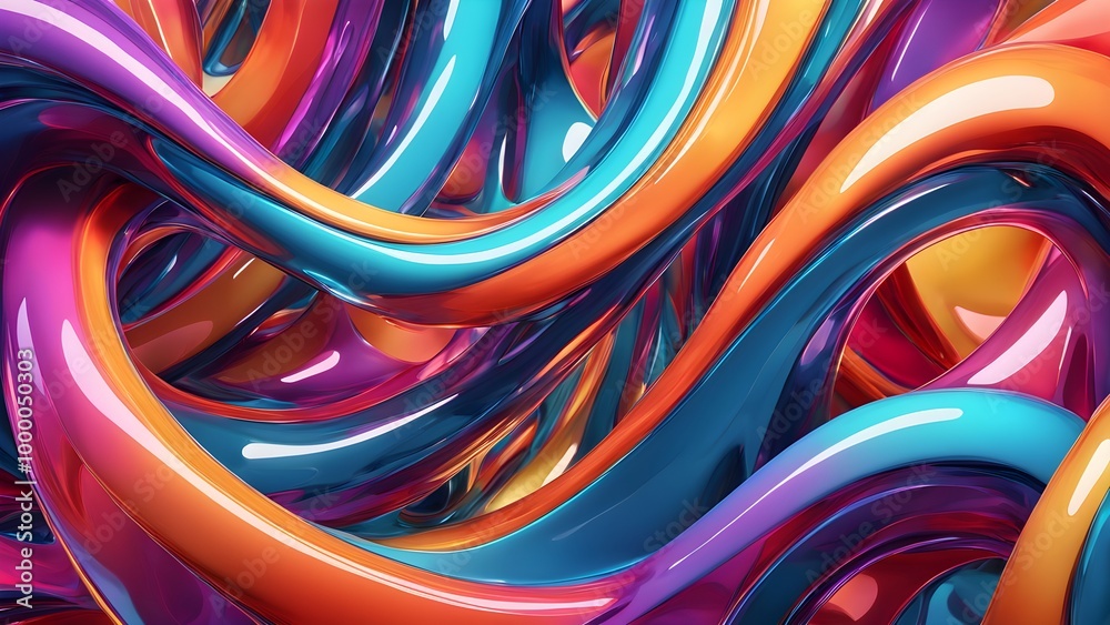 Abstract background with colorful swirling glossy lines in blue, orange, yellow, and pink. Abstract background with colorful swirling glossy lines in blue, orange, yellow, and pink.