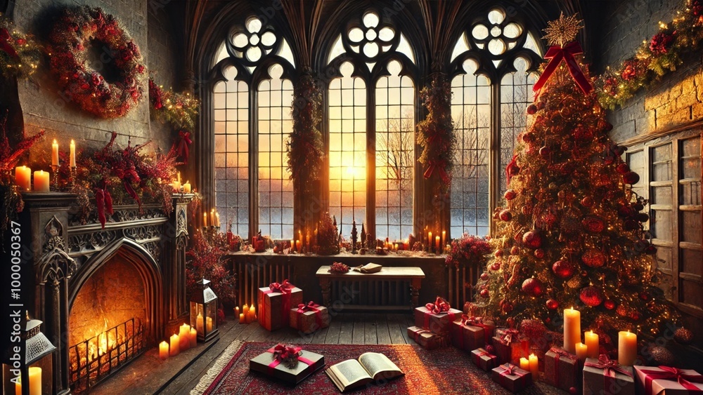 Fototapeta premium Gothic Christmas Interior with Fireplace and Sunset Glow