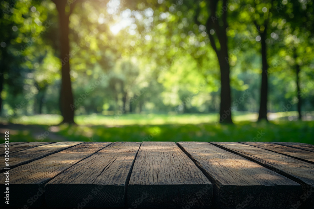 Empty wooden table top with a blurred green park background for product display montage, a summer concept. Empty wooden table top with a blurred green park background for product display montage, a summer concept.