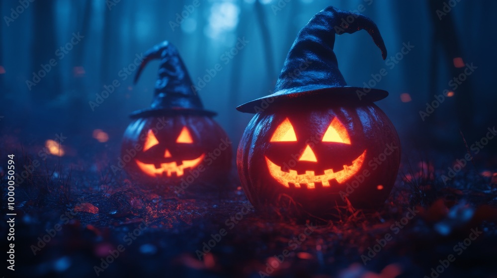 Fototapeta premium Glowing Jack-o'-Lanterns with Witch Hats in a Spooky Halloween Forest