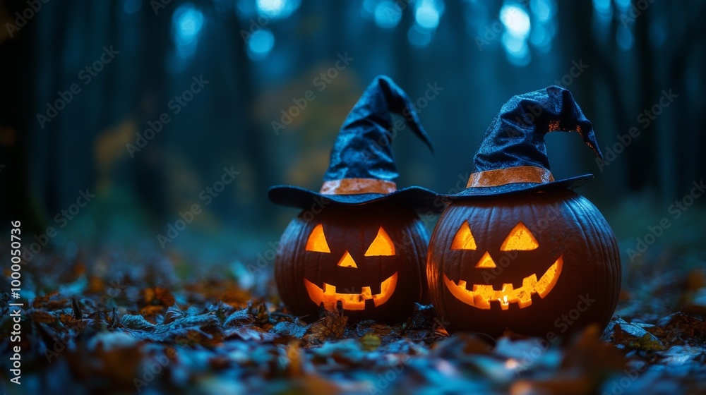 Naklejka premium Glowing Jack-o'-Lanterns with Witch Hats in a Spooky Halloween Forest